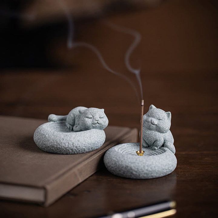 Buddha Stones Cute Lazy Standing Cat Healing Incense Burner Desk Decoration