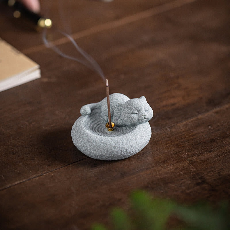 Buddha Stones Cute Lazy Standing Cat Healing Incense Burner Desk Decoration - image 18