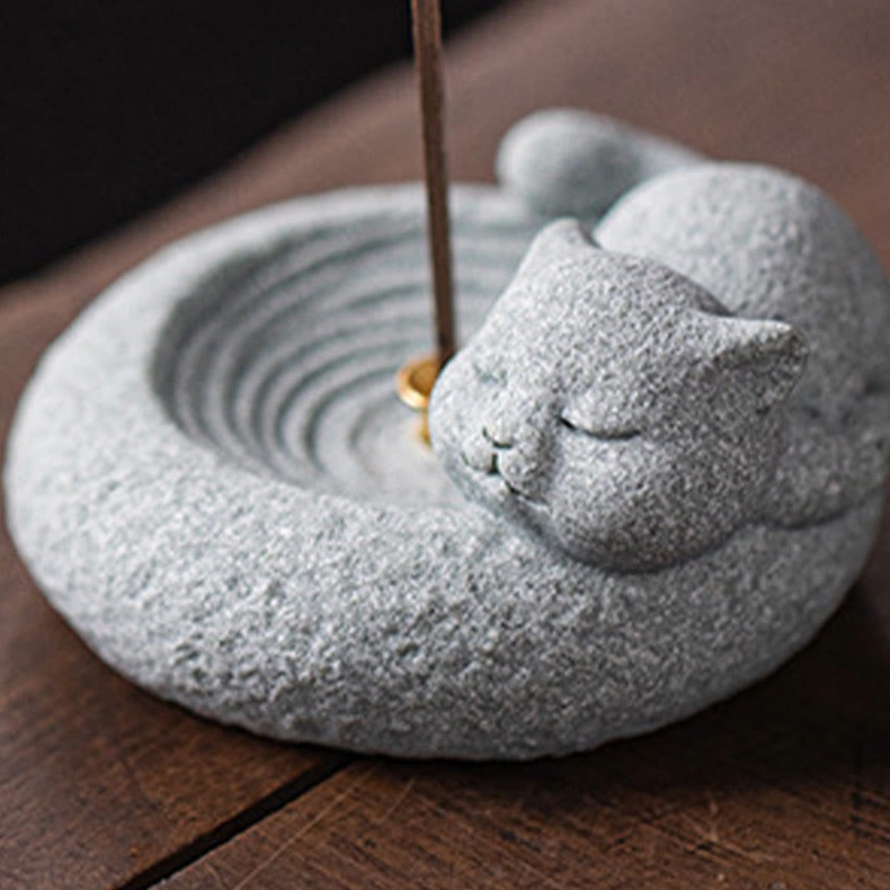 Buddha Stones Cute Lazy Standing Cat Healing Incense Burner Desk Decoration