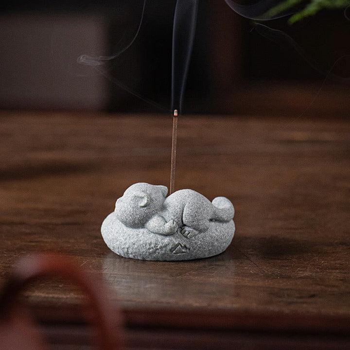 Buddha Stones Cute Lazy Standing Cat Healing Incense Burner Desk Decoration