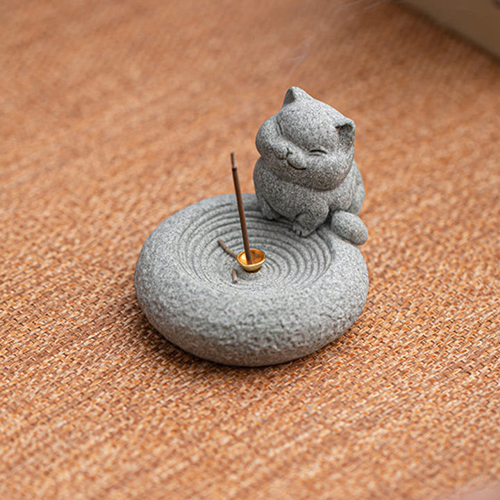 Buddha Stones Cute Lazy Standing Cat Healing Incense Burner Desk Decoration