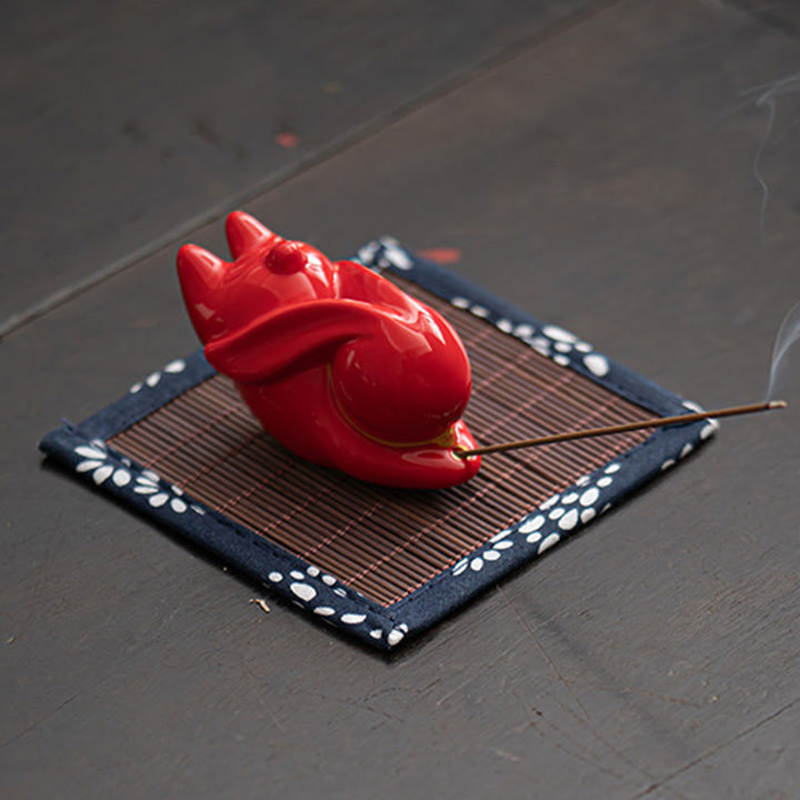 Buddha Stones Flying Rabbit Bamboo Mat Healing Ceramic Incense Burner Desk Decoration