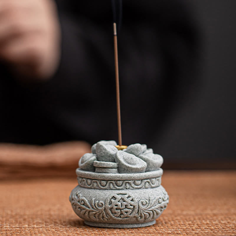 Buddha Stones Chinese Character Fu Ingots Healing Incense Burner Desk Decoration