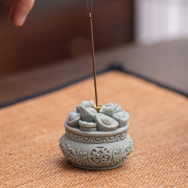 Buddha Stones Chinese Character Fu Ingots Healing Incense Burner Desk Decoration