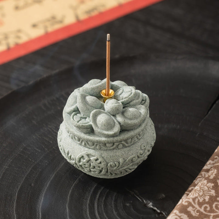 Buddha Stones Chinese Character Fu Ingots Healing Incense Burner Desk Decoration