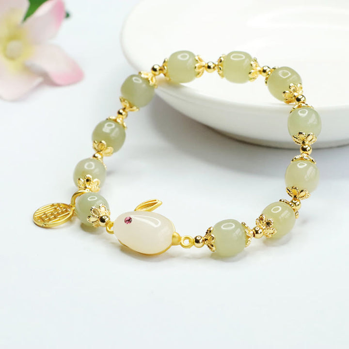 Buddha Stones Natural Hetian Jade Fu Character Fu Brand Rabbit Abundance Bracelet