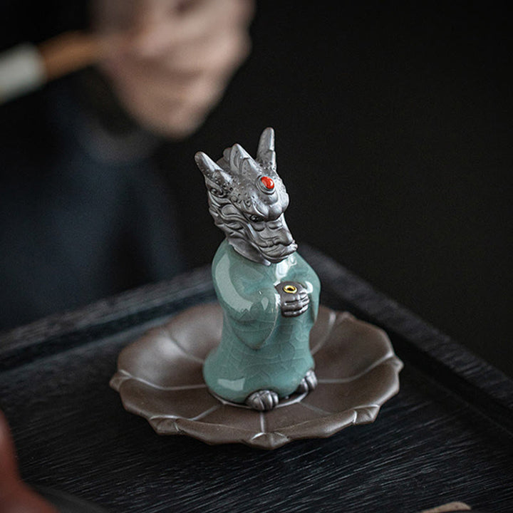 Buddha Stones Praying Dragon King Lotus Base Fu Character Ceramic Healing Incense Burner Desk Decoration