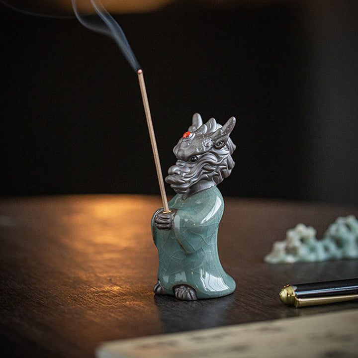 Buddha Stones Praying Dragon King Lotus Base Fu Character Ceramic Healing Incense Burner Desk Decoration