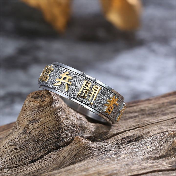 Buddha Stones Tibetan The Nine-word Mantra Yin Yang Pattern Titanium Steel Spinner Balance Ring