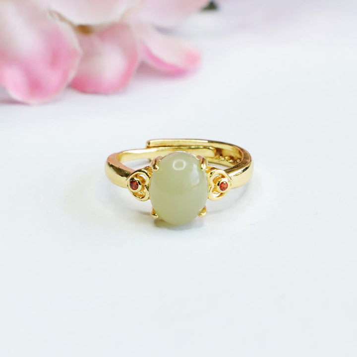 Buddha Stones Natural Hetian Jade Egg Heart-shaped Copper Luck Open Ring