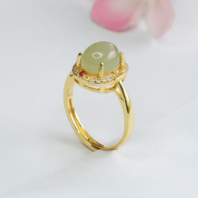 Buddha Stones Natural Hetian Jade Zirconia Egg Copper Open Luck Ring