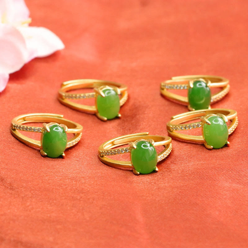 Buddha Stones Natural Hetian Jade Egg Hollow Copper Open Luck Ring