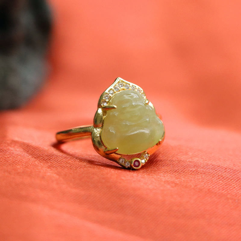 Buddha Stones Natural Hetian Jade Egg Gourd Copper Laughing Buddha Open Luck Ring