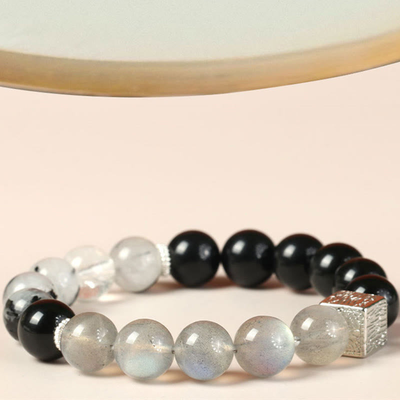 Buddha Stones Black Obsidian Black Rutilated Quartz Moonstone Cube Strength Bracelet