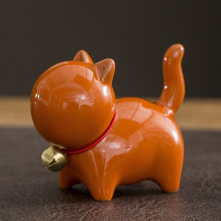 Buddha Stones Mini Cute Lucky Bell Cat Tea Pet Ceramic Home Desk Figurine Decoration - Lucky Cat Orange 7*3.4*5.8cm - image 11