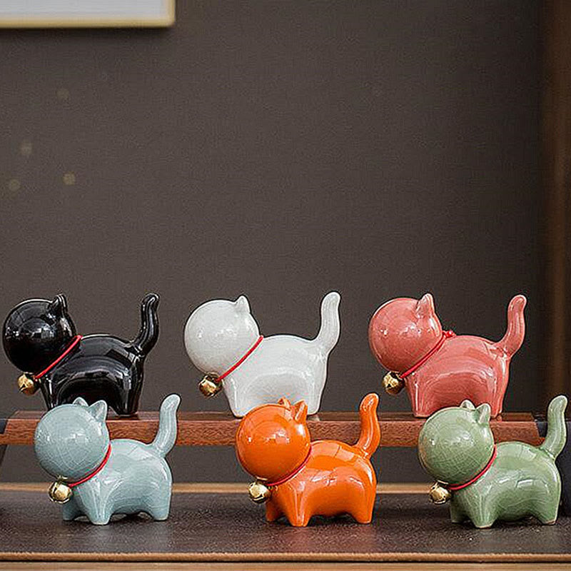 Buddha Stones Mini Cute Lucky Bell Cat Tea Pet Ceramic Home Desk Figurine Decoration - image 21