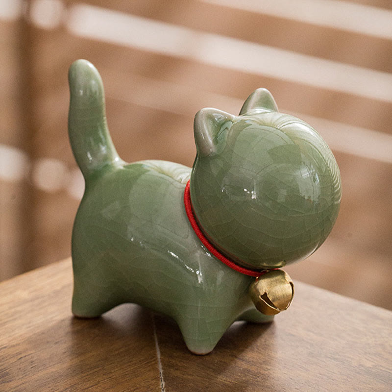 Buddha Stones Mini Cute Lucky Bell Cat Tea Pet Ceramic Home Desk Figurine Decoration - image 4