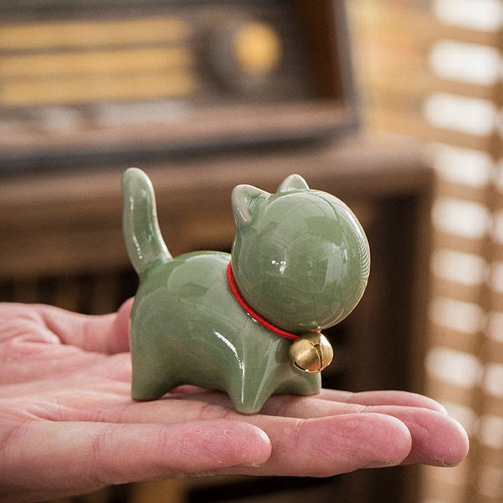 Buddha Stones Mini Cute Lucky Bell Cat Tea Pet Ceramic Home Desk Figurine Decoration - image 4