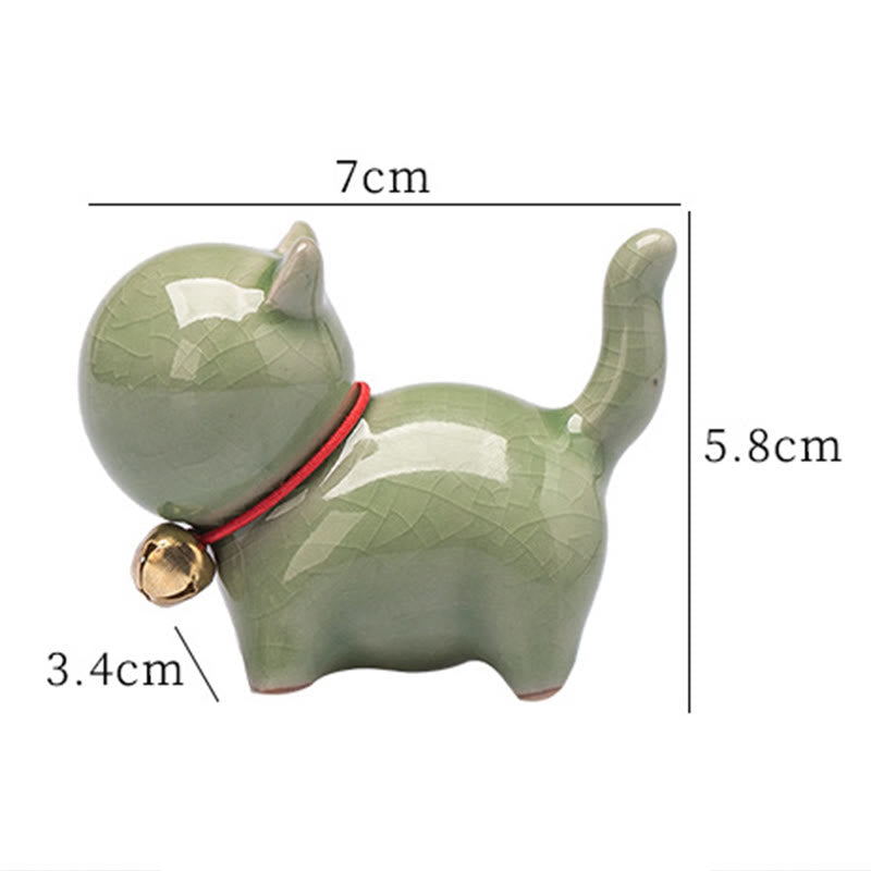 Buddha Stones Mini Cute Lucky Bell Cat Tea Pet Ceramic Home Desk Figurine Decoration