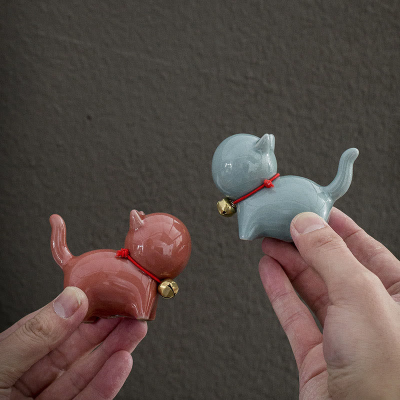 Buddha Stones Mini Cute Lucky Bell Cat Tea Pet Ceramic Home Desk Figurine Decoration - image 18