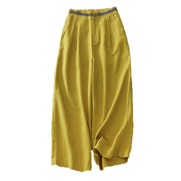 Buddha Stones Solid Color Front Button Back Elastic Cotton Linen Women's Pants With Pockets - image 16