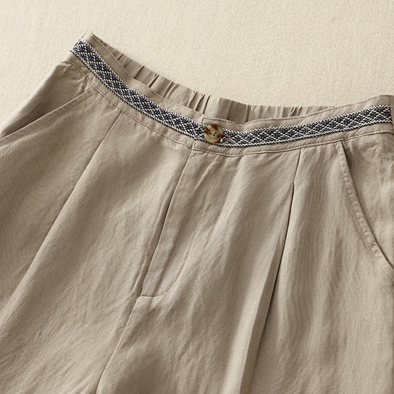 Buddha Stones Solid Color Front Button Back Elastic Cotton Linen Women's Pants With Pockets - image 18