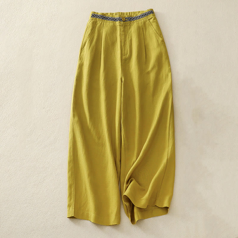 Buddha Stones Solid Color Front Button Back Elastic Cotton Linen Women's Pants With Pockets - Yellow - US8-10，UK/AU12-14，EU40-42 (2XL) - image 10