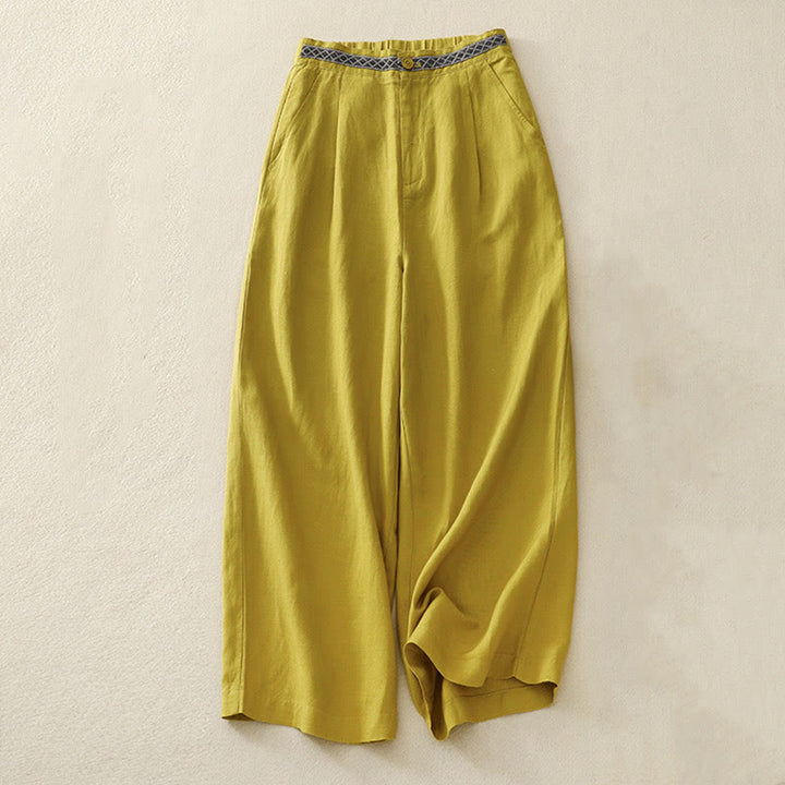 Buddha Stones Solid Color Front Button Back Elastic Cotton Linen Women's Pants With Pockets - Yellow - US8-10，UK/AU12-14，EU40-42 (2XL) - image 10
