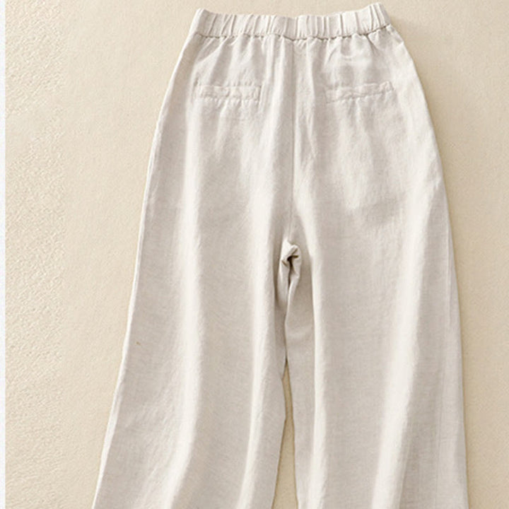 Buddha Stones Solid Color Front Button Back Elastic Cotton Linen Women's Pants With Pockets - image 3