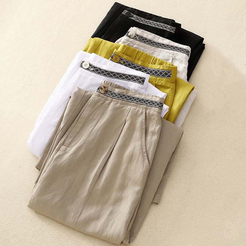 Buddha Stones Solid Color Front Button Back Elastic Cotton Linen Women's Pants With Pockets - image 1