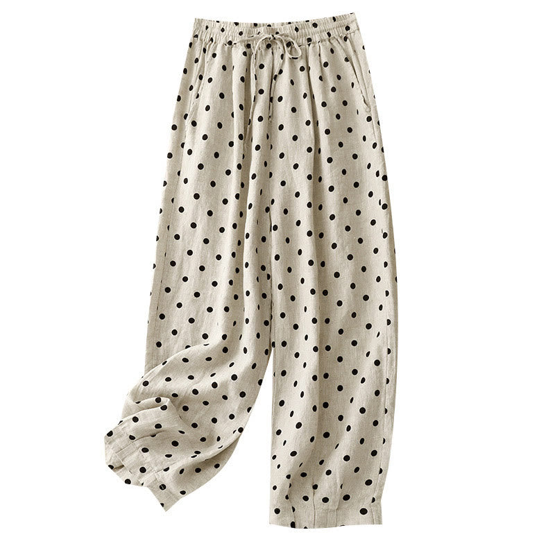 Buddha Stones Casual Black Polka Dots Drawstring Cotton Linen Women's Pants With Pockets - image 13