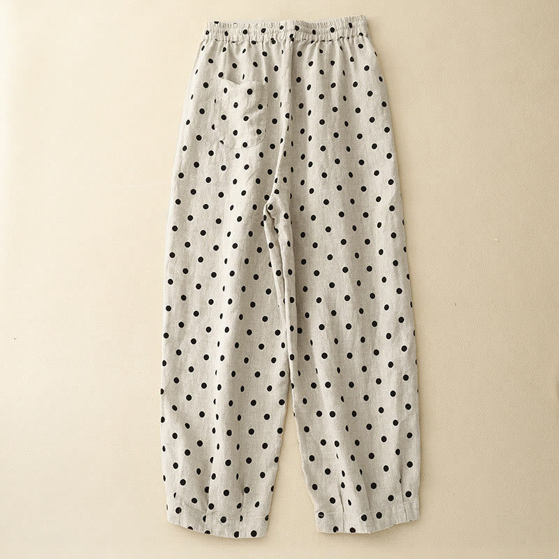 Buddha Stones Casual Black Polka Dots Drawstring Cotton Linen Women's Pants With Pockets - image 1