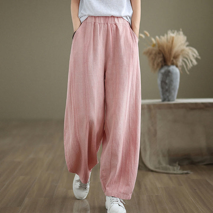 Buddha Stones Plain Color Wrinkled Design Elastic Waistband Cotton Linen Women's Pants With Pockets - Pink - US8-10，UK/AU12-14，EU40-42 (2XL) - image 22