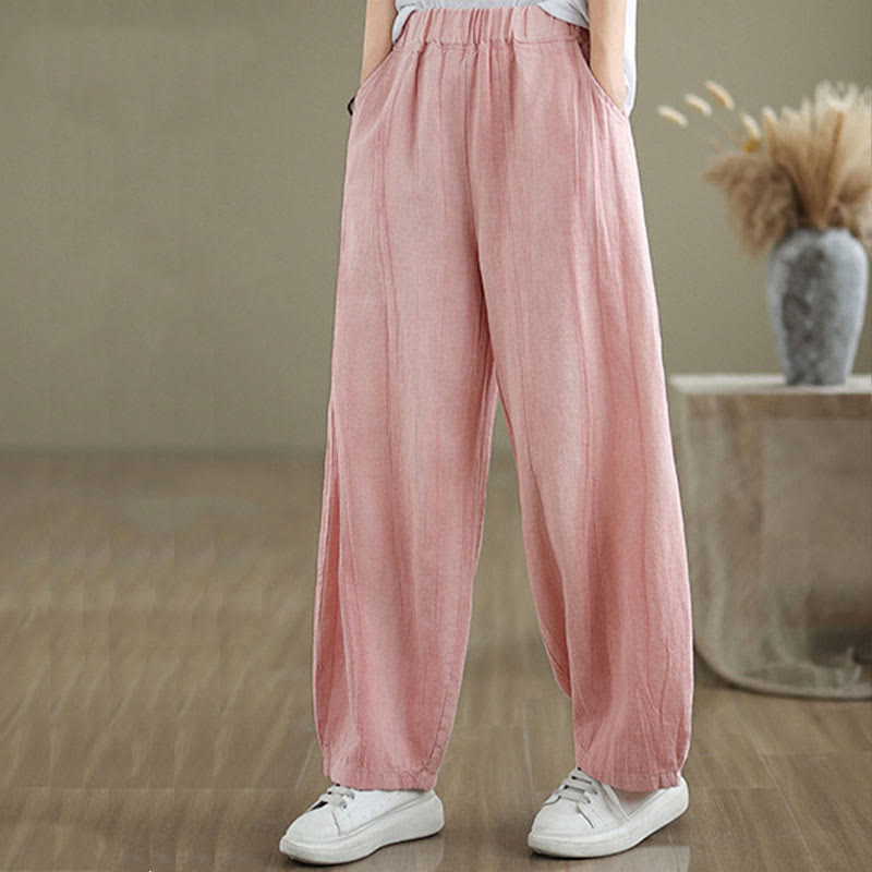 Buddha Stones Plain Color Wrinkled Design Elastic Waistband Cotton Linen Women's Pants With Pockets