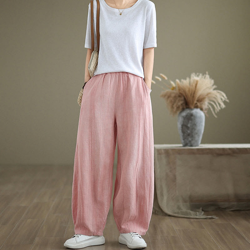Buddha Stones Plain Color Wrinkled Design Elastic Waistband Cotton Linen Women's Pants With Pockets - image 27