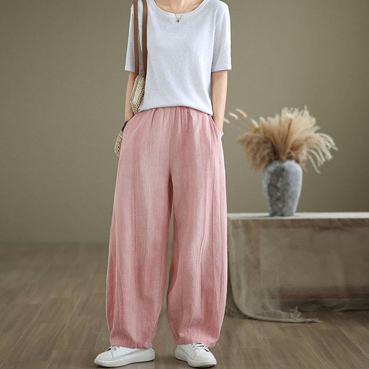 Buddha Stones Plain Color Wrinkled Design Elastic Waistband Cotton Linen Women's Pants With Pockets - image 27