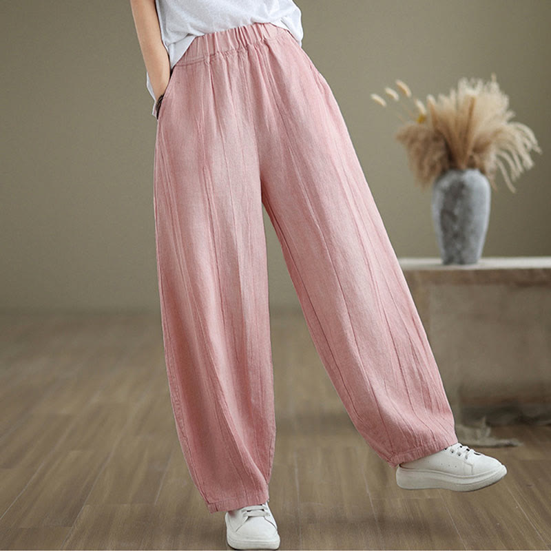 Buddha Stones Plain Color Wrinkled Design Elastic Waistband Cotton Linen Women's Pants With Pockets - image 25