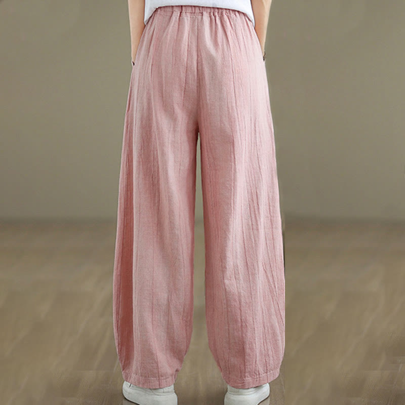 Buddha Stones Plain Color Wrinkled Design Elastic Waistband Cotton Linen Women's Pants With Pockets - image 26