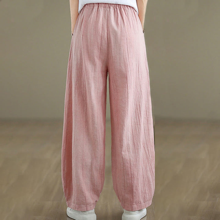 Buddha Stones Plain Color Wrinkled Design Elastic Waistband Cotton Linen Women's Pants With Pockets - image 26