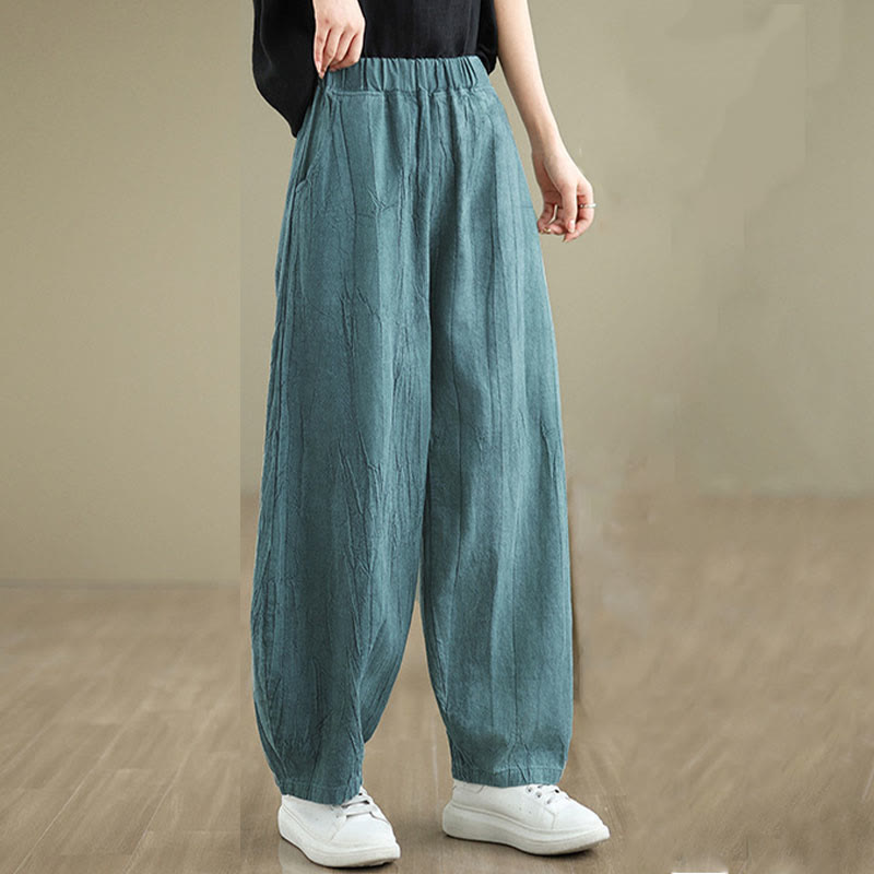 Buddha Stones Plain Color Wrinkled Design Elastic Waistband Cotton Linen Women's Pants With Pockets