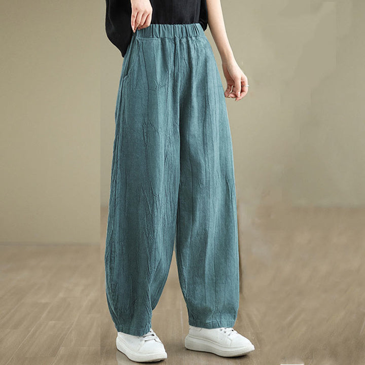 Buddha Stones Plain Color Wrinkled Design Elastic Waistband Cotton Linen Women's Pants With Pockets - image 19