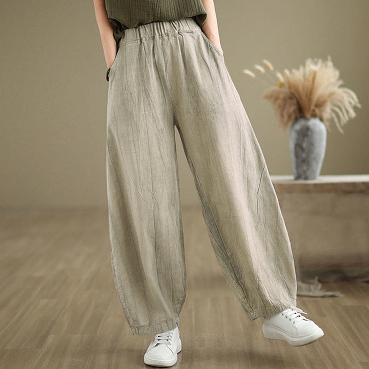 Buddha Stones Plain Color Wrinkled Design Elastic Waistband Cotton Linen Women's Pants With Pockets - image 9