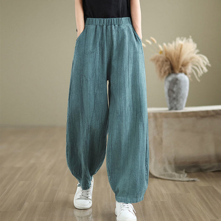 Buddha Stones Plain Color Wrinkled Design Elastic Waistband Cotton Linen Women's Pants With Pockets - image 16