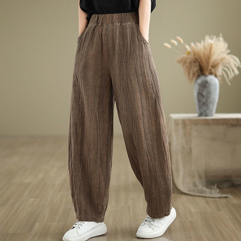 Buddha Stones Plain Color Wrinkled Design Elastic Waistband Cotton Linen Women's Pants With Pockets - DarkGoldenrod - US8-10，UK/AU12-14，EU40-42 (2XL) - image 0