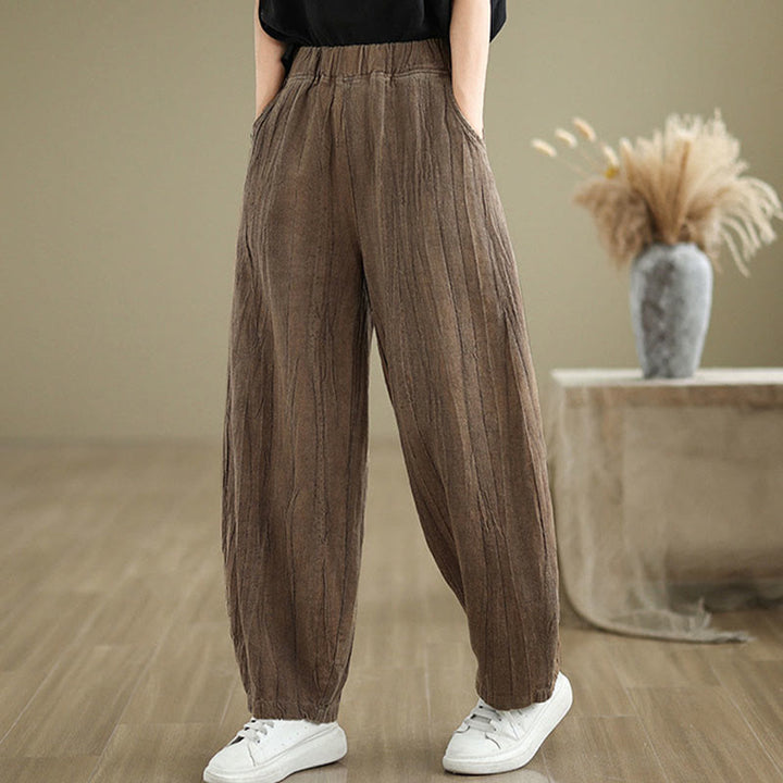 Buddha Stones Plain Color Wrinkled Design Elastic Waistband Cotton Linen Women's Pants With Pockets - DarkGoldenrod - US8-10，UK/AU12-14，EU40-42 (2XL) - image 0