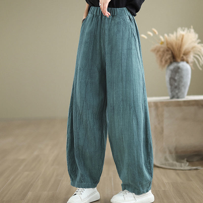 Buddha Stones Plain Color Wrinkled Design Elastic Waistband Cotton Linen Women's Pants With Pockets