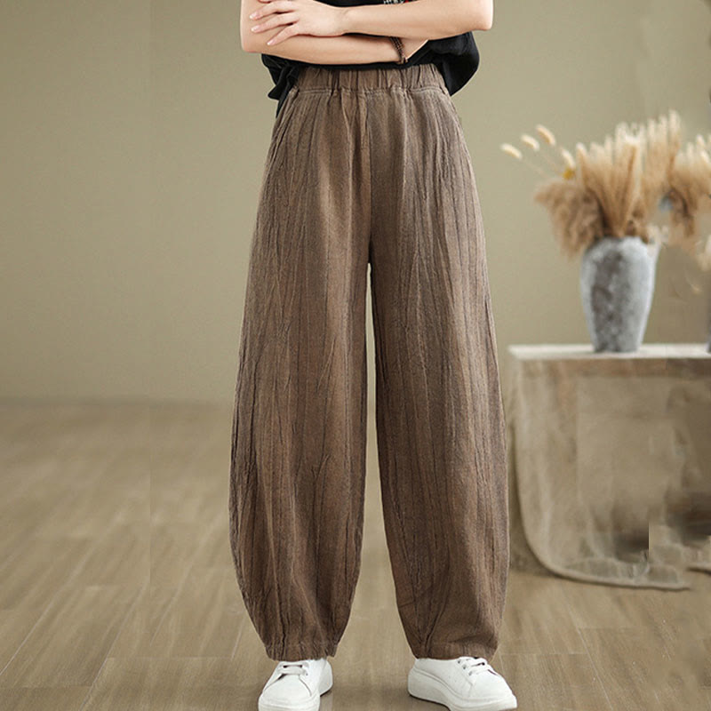 Buddha Stones Plain Color Wrinkled Design Elastic Waistband Cotton Linen Women's Pants With Pockets - image 4