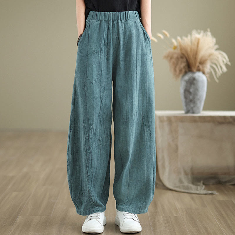 Buddha Stones Plain Color Wrinkled Design Elastic Waistband Cotton Linen Women's Pants With Pockets