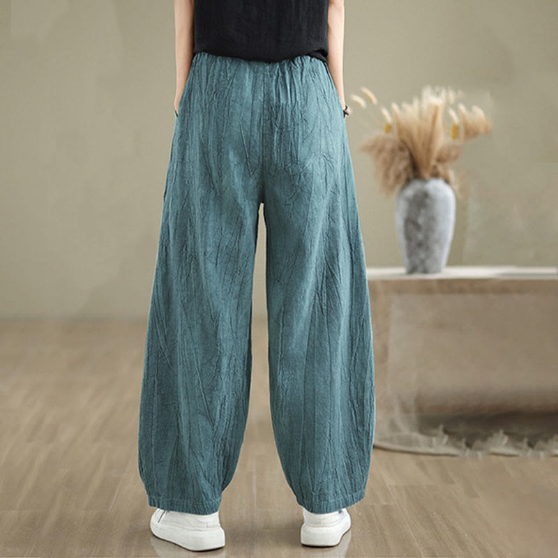 Buddha Stones Plain Color Wrinkled Design Elastic Waistband Cotton Linen Women's Pants With Pockets - image 20