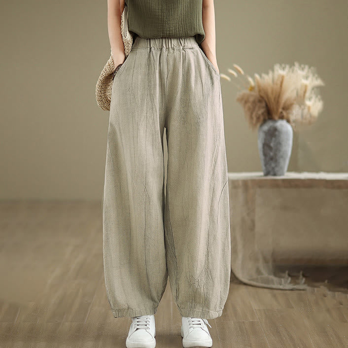 Buddha Stones Plain Color Wrinkled Design Elastic Waistband Cotton Linen Women's Pants With Pockets - Khaki - US8-10，UK/AU12-14，EU40-42 (2XL) - image 6